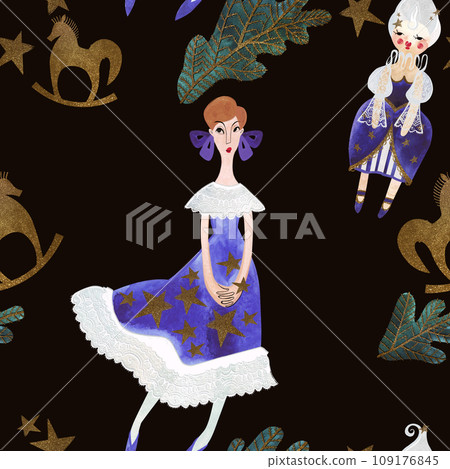 Princess, doll and fir branches. Seamless watercolor pattern for New Year and Christmas wrapping paper. Vintage style gifts for children under the Christmas tree. 109176845