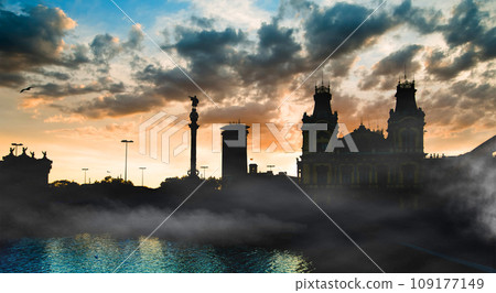 Barcelona harbor at sunset 109177149
