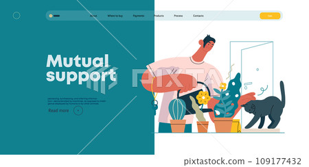Mutual Support: Look after neighbor's house -modern flat vector concept illustration of man watering plants, looking after neighbors' cat A metaphor of voluntary, collaborative exchanges of services 109177432