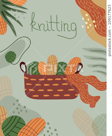 Yarn for knitting in a wicker basket,balls of woolen yarn for needlework,knitting and crocheting.Banner with threads,modern flat leaves and pastel background. For posters and various creative projects 109177625