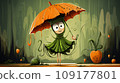 Illustration of a little girl in a green dress with an umbrella 109177801
