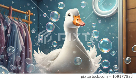 White duck in the room with soap bubbles. 3D rendering. goose mascot White duck in the room with soap bubbles. 3D rendering. goose mascot 109177883