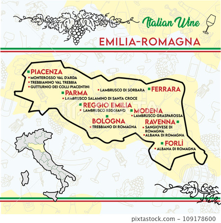 chart of typical wines from Emilia Romagna, Italy. vector illustration chart of typical wines from Emilia Romagna, Italy. vector illustration 109178600