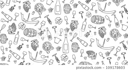 wine elements hand drawn, doodle and vector illustration icons set 109178603