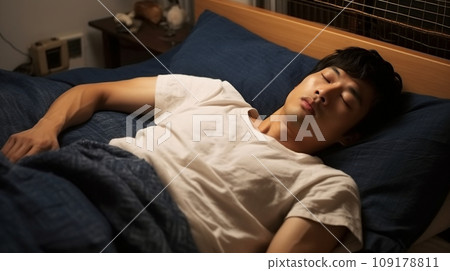 Young Japanese man sleeping in bed 109178811