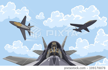 Pilot in the fighter. Aircraft-fighter cockpit overview. Aerobatic team in the air. A military fighter in the clouds. Figures of higher pilotage. The pilot of a military plane 109178878