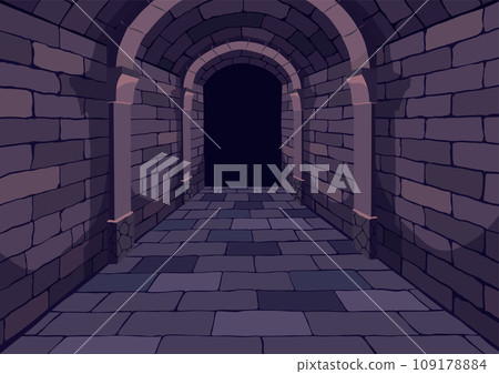 Dark Dungeon. Long medieval castle corridor with torches. Interior of ancient Palace with stone arch. Vector illustration 109178884
