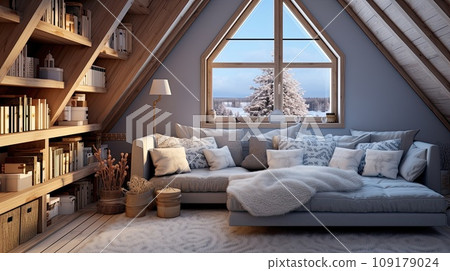 Interior in a modern country house. Arrangement and cozy atmosphere in the attic of a country house. Interior in a modern country house. Arrangement and cozy atmosphere in the attic of a country house. 109179024