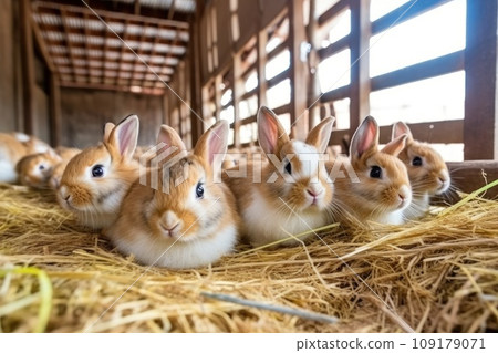 Adorable fluffy rabbits sit by cages with metal grids at animal farm rodent pets breeding 109179071