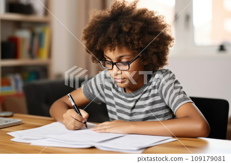 An African American boy sits and does her homework at the table at home. An African American boy sits and does her homework at the table at home. 109179081