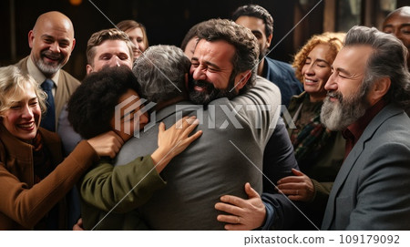 Positive people hug giving support to friends during group therapy meeting in studio Positive people hug giving support to friends during group therapy meeting in studio 109179092