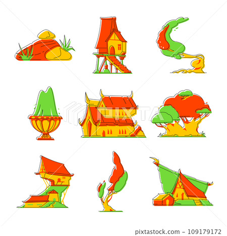 Houses and nature - line design style illustration set Houses and nature - line design style illustration set 109179172