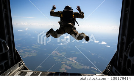 Airborne soldier with parachute on back jumps out of military plane at sunrise light Airborne soldier with parachute on back jumps out of military plane at sunrise light 109179414