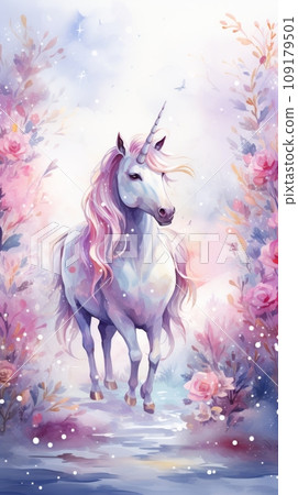 Magical forest with flowers and Unicorn Magical forest with flowers and Unicorn 109179501