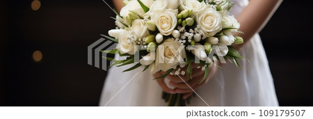 Beautiful bouquet of flowers in the hands of the bride Beautiful bouquet of flowers in the hands of the bride 109179507