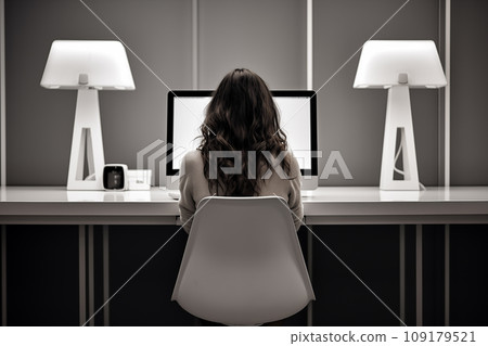 young woman working from home in front of a computer monitor. The apartment is minimalistic 109179521