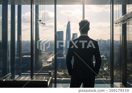 Young businessman standing in front of an office window, overlooking the city skyline 109179539