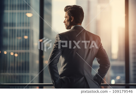 Young businessman standing in front of an office window, overlooking the city skyline 109179546