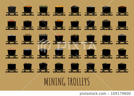 Set of vector illustrations of mining carts with different types of ore. 109179600