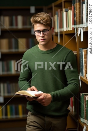 Caucasian male student in eyeglasses reads book standing near shelves in university library. Caucasian male student in eyeglasses reads book standing near shelves in university library. 109179647
