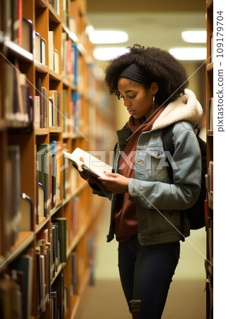 African American female student in glasses reads book standing near shelves in university library 109179704