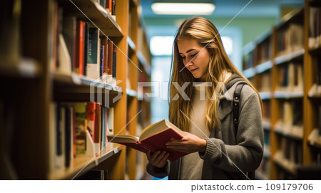 Caucasian female student in glasses reads book standing near shelves in university library 109179706