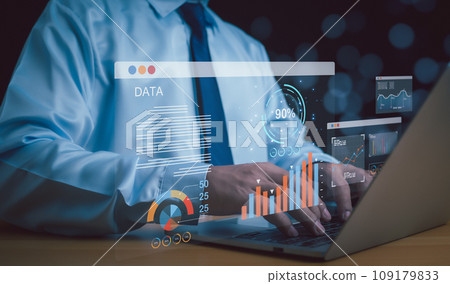 Businessman use computers to analyze business and manage corporate data, business analytics with charts, metrics and KPIs to improve organizational performance, marketing, financial organization 109179833