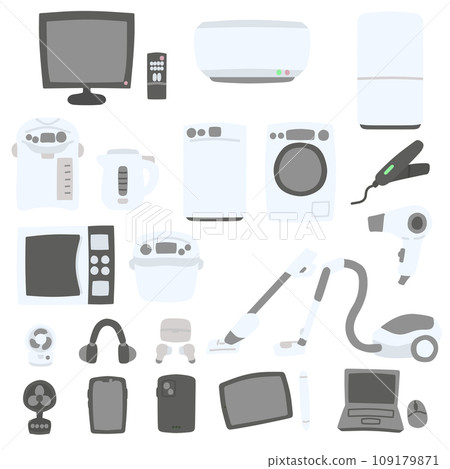 Color illustration set of various simple deformed home appliances Color illustration set of various simple deformed home appliances 109179871