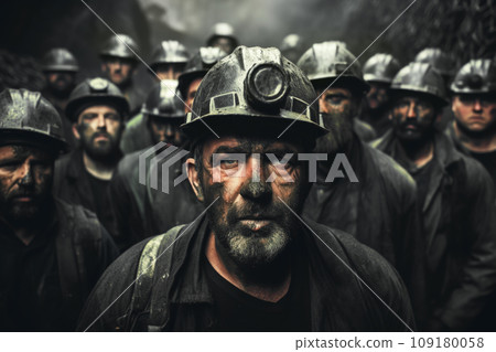 Brutal miners in safety helmets in a mine extract minerals coal 109180058