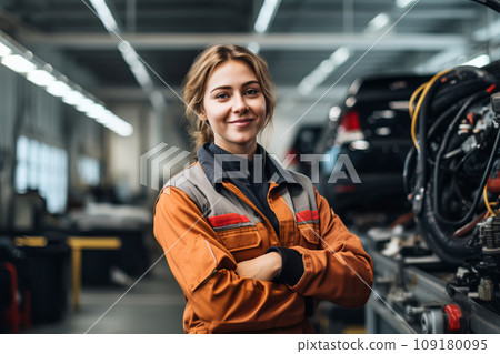 Portrait of Attractive confident female auto mechanic working in Car Service 109180095