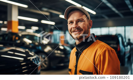 Portrait of Attractive confident male auto mechanic working in Car Service 109180201