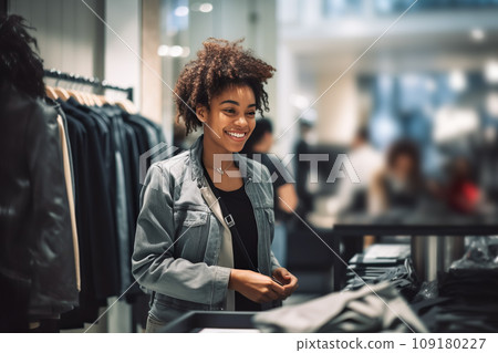 African American woman Customer Shopping in Modern Clothing Store And Choosing Stylish Clothes African American woman Customer Shopping in Modern Clothing Store And Choosing Stylish Clothes 109180227
