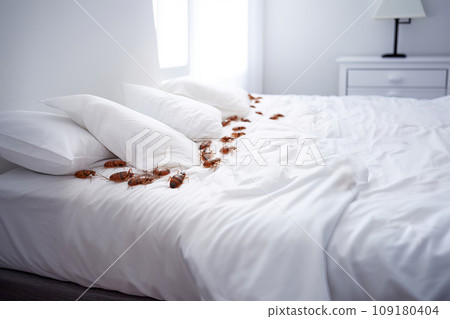 Bedbug colony on white sheet on bed in the bedroom close-up 109180404