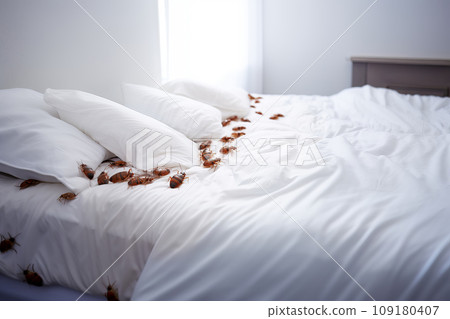 Bedbug colony on white sheet on bed in the bedroom close-up Bedbug colony on white sheet on bed in the bedroom close-up 109180407