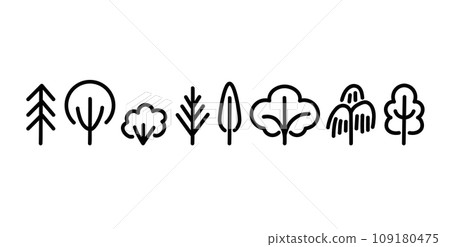 Hand drawn tree icons collection. Vector black line illustration isolated on white background. 109180475