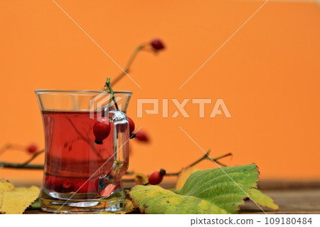 Rosehip tea tea full of vitamins on wood table 109180484