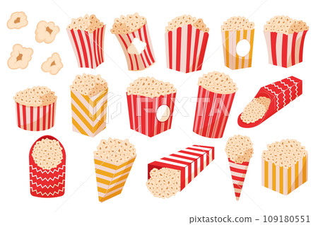 Popcorn buckets mega set in flat design. Bundle elements of classic striped paper boxes with tasty corn snack, container symbols of cinema entertainment. Vector illustration isolated graphic objects Popcorn buckets mega set in flat design. Bundle elements of classic striped paper boxes with tasty corn snack, container symbols of cinema entertainment. Vector illustration isolated graphic objects 109180551