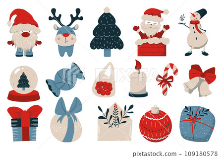 Christmas and New Years 2024 mega set in flat design. Bundle elements of gnome elf, reindeer, festive tree, Santa Claus, snowman, candies, gifts, other. Vector illustration isolated graphic objects 109180578