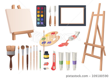 Art tools mega set in flat design. Bundle elements of painting canvas, watercolor or acrylic paints, spatulas, easel, palette, brushes, pencils and other. Vector illustration isolated graphic objects 109180590
