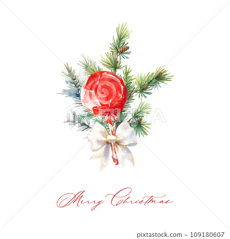 Fir green branch, lollipop cane, red bow satin ribbon with text Merry Christmas. Fir green branch, lollipop cane, red bow satin ribbon with text Merry Christmas. 109180607