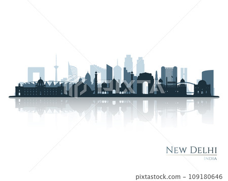 New Delhi skyline silhouette with reflection. New Delhi skyline silhouette with reflection. 109180646