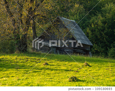 Old authentic wooden house hayloft Carpathian mountains Ukraine Europe Transcarpathia region. Eco tourism Cottagecore 109180693