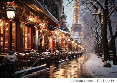 Paris, with festive lights and Christmas decorations, a light snowfall, and holiday-themed street decor, winter street 109180716