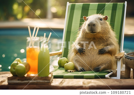 Capybara lying on a lounge chair by the pool, with green fresh juice 109180721