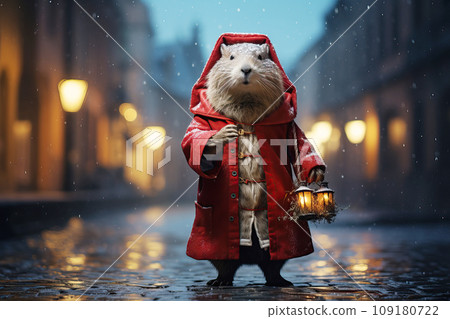 Capybara dressed as Santa Claus walks through a snowy city Capybara dressed as Santa Claus walks through a snowy city 109180722