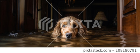Dog in flooded house after flooding 109180791