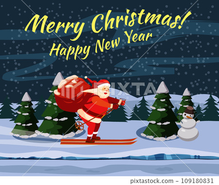 Card Merry Christmas Santa Claus skiing with sack full gifts, winter 109180831