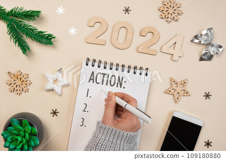 New Year Aims 2024. To Do List. Empty Notebook at the Desk with Holiday Decoration. Top view. Creating Plan, Resolution. New Life, Start Up, Beginning Concept. Business ideas. Goals, action, checklist New Year Aims 2024. To Do List. Empty Notebook at the Desk with Holiday Decoration. Top view. Creating Plan, Resolution. New Life, Start Up, Beginning Concept. Business ideas. Goals, action, checklist 109180880