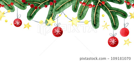 Christmas decoration, seamless watercolor border, frame. Christmas tree branches, Christmas balls and garlands. festive composition for the new year. Christmas decoration, seamless watercolor border, frame. Christmas tree branches, Christmas balls and garlands. festive composition for the new year. 109181070