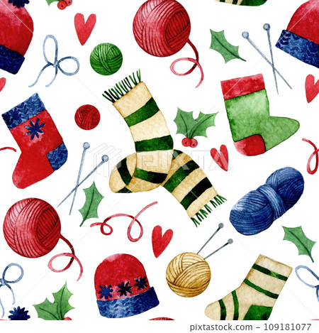 cute christmas pattern of knitting and needlework in vintage style. watercolor drawing cozy christmas, winter. socks, hat, scarf, ball of yarn and knitting needles 109181077